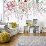 Floral wall mural with pink roses in cozy living room setting