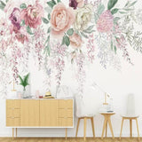 Pink and purple flower wallpaper creating soft atmosphere in dining room