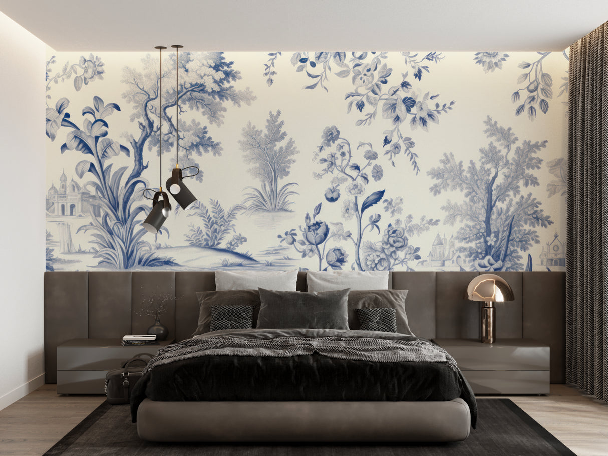 Home office with classic Toile de Jouy blue wallpaper creating a sophisticated workspace