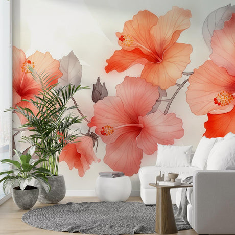 Coral Hibiscus floral wallpaper creating a peaceful atmosphere in a modern white bedroom with natural light