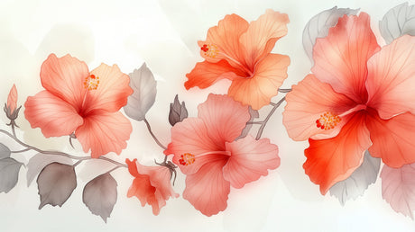 Watercolor Hibiscus wall mural design file showing detailed coral flowers and grey foliage pattern