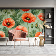 Coral Poppy wallpaper creating a fresh garden feel in a bright modern living room