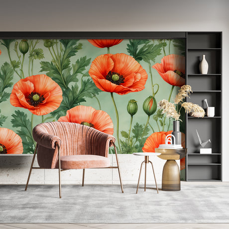 Coral Poppy wallpaper creating a fresh garden feel in a bright modern living room