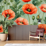 Floral accent wall with poppies brightening up a cozy bedroom space