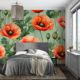 Sage green and coral poppy mural adding charm to a home office