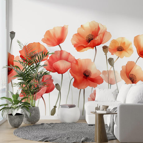 Coral poppy wallpaper mural bringing spring colors to a bright dining room with modern furniture