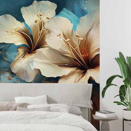 Cream Hibiscus floral wallpaper in modern living room creating a fresh, bright atmosphere