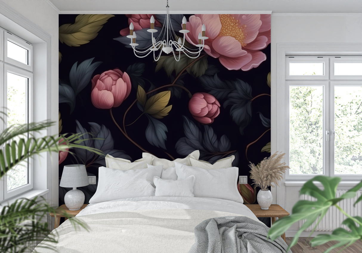 Dark floral wallpaper with pink peonies creating drama in a modern living room setting