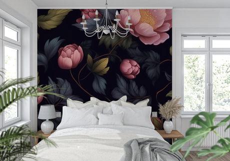 Dark floral wallpaper with pink peonies creating drama in a modern living room setting
