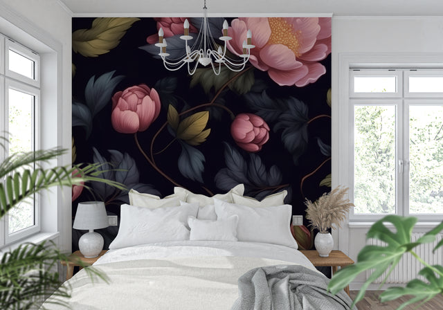 Dark floral wallpaper with pink peonies creating drama in a modern living room setting