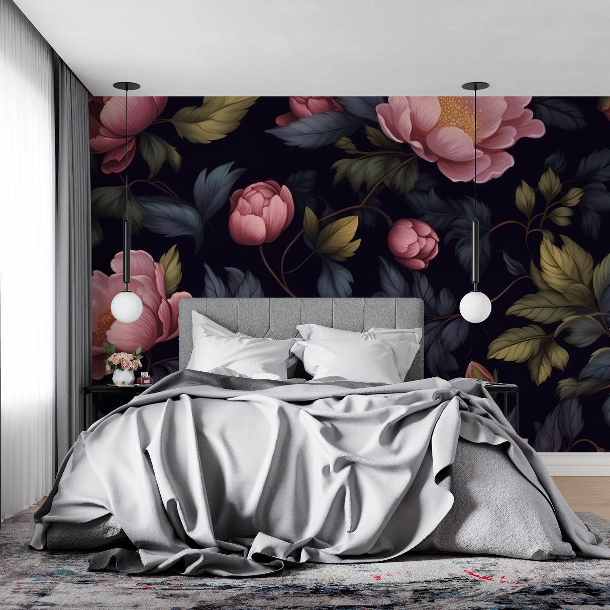 Pink peony wallpaper making a statement in a cozy bedroom interior