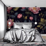 Pink peony wallpaper making a statement in a cozy bedroom interior