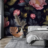 Dark floral mural bringing elegance to a dining room space