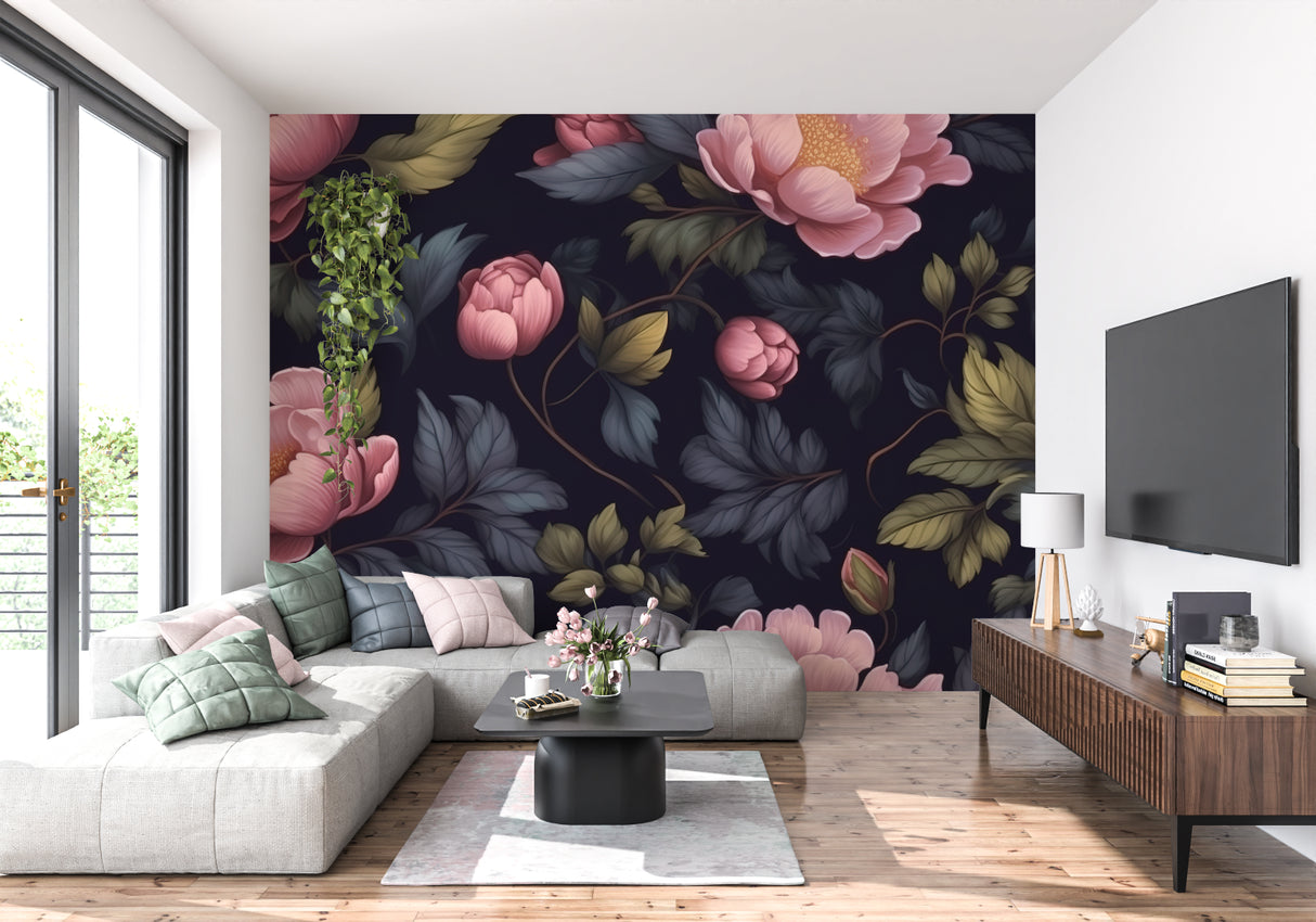 Dramatic peony wallpaper enhancing a home office setup