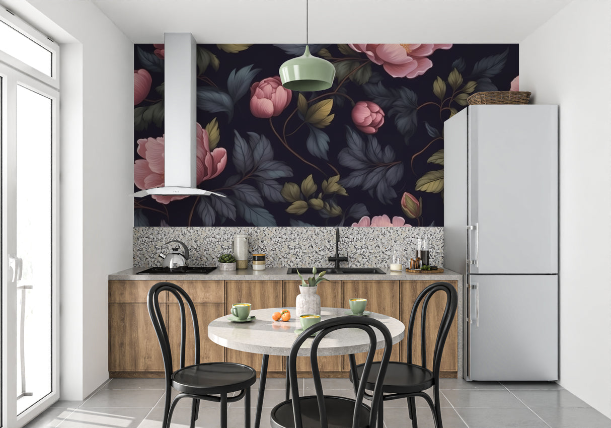 Pink peonies on dark background transforming an entryway