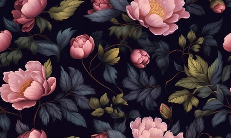 Design file showing detailed pink peony pattern on dark background