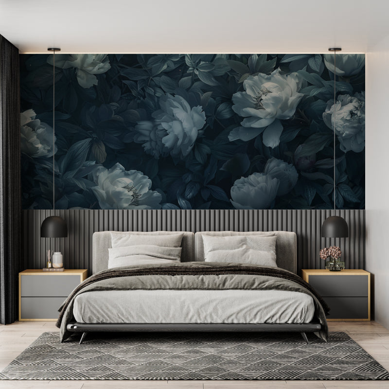 Floral wall mural featuring blue peonies in master bedroom setting