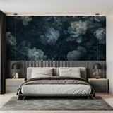 Floral wall mural featuring blue peonies in master bedroom setting