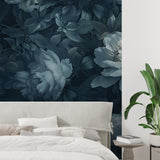 Dark botanical wallpaper displayed in dining room with mood lighting