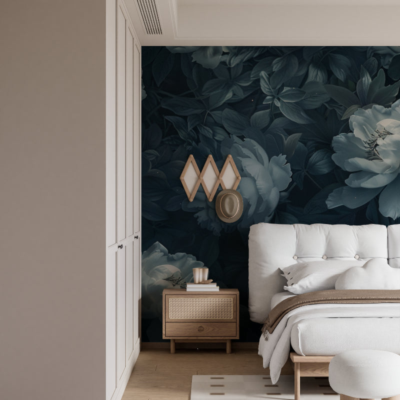 Dramatic peony wallpaper showcased in home office with white furniture