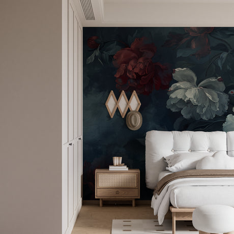 Dark blue floral wallpaper with red peonies in modern living room with grey sofa