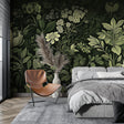 Dark Botanical Garden wallpaper in modern living room creating moody, sophisticated atmosphere