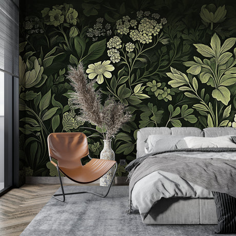 Dark Botanical Garden wallpaper in modern living room creating moody, sophisticated atmosphere