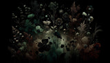 Moody floral mural bringing depth to an elegant dining room setting