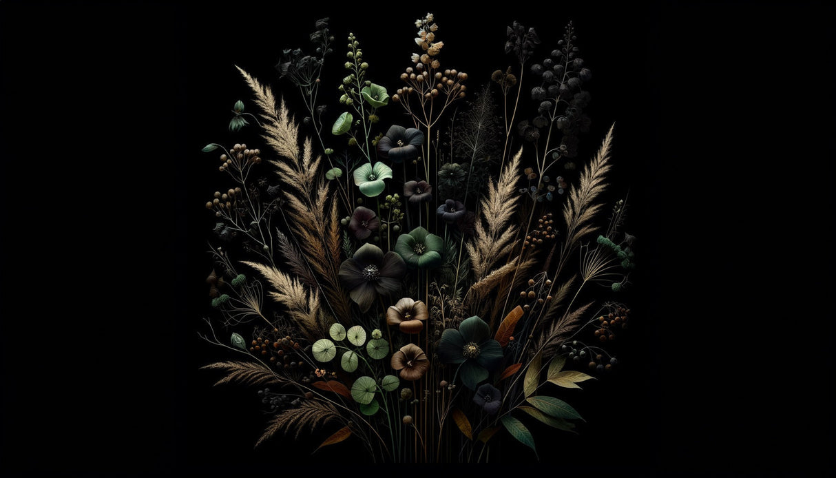 Botanical garden mural in master bedroom creating moody atmosphere