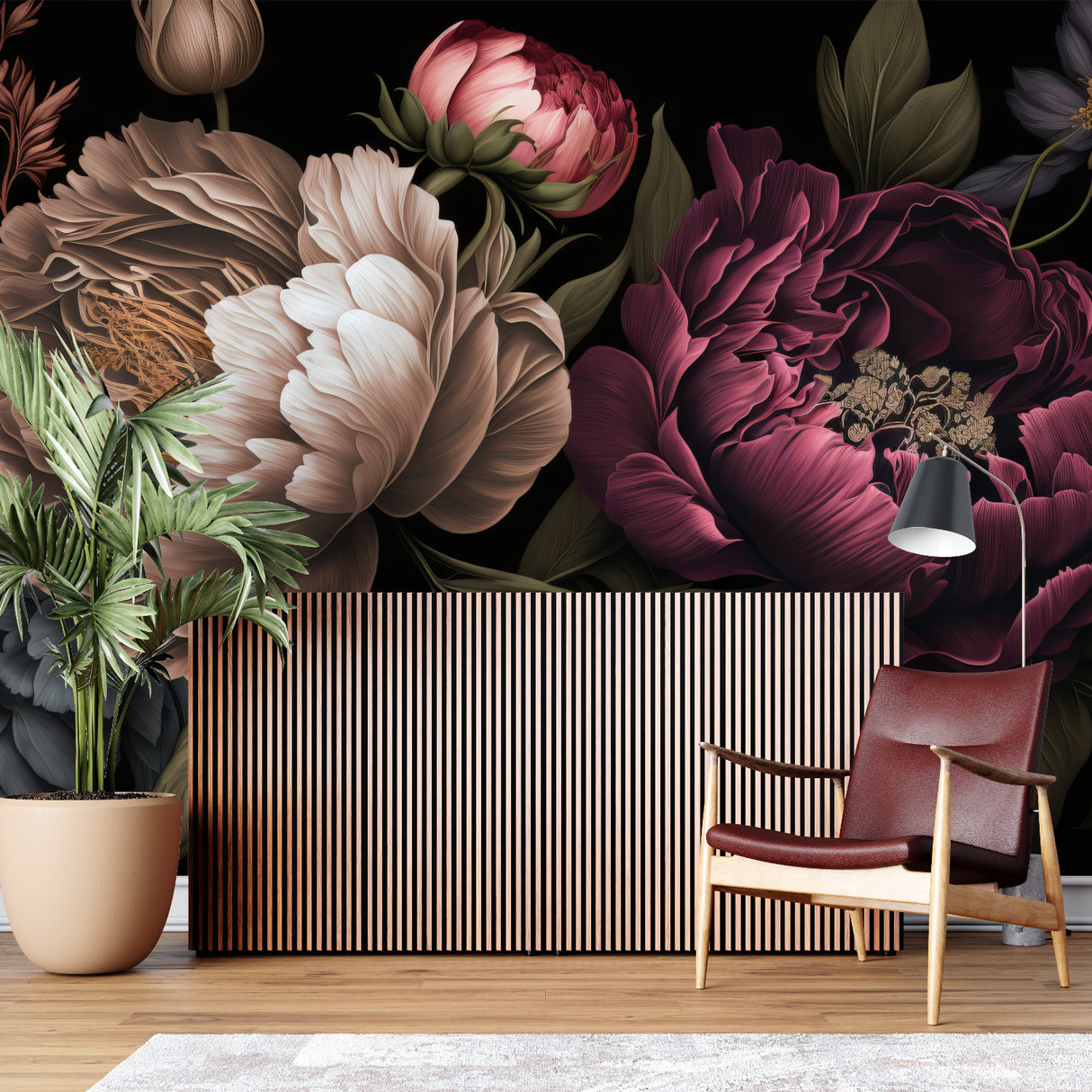 Dark burgundy peony wallpaper in modern living room with gray sofa and golden accents