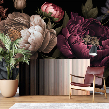Dark burgundy peony wallpaper in modern living room with gray sofa and golden accents