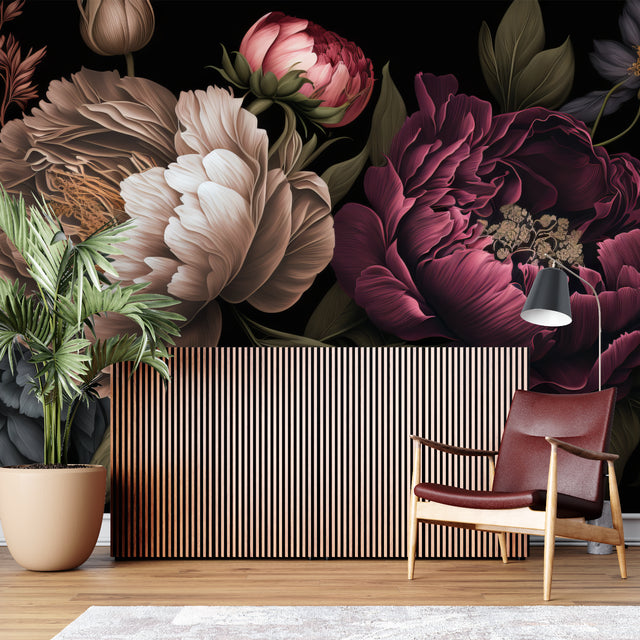 Dark burgundy peony wallpaper in modern living room with gray sofa and golden accents