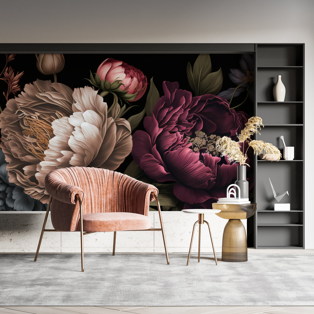 Dramatic floral mural with burgundy peonies in elegant dining room setting