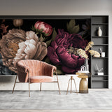 Dramatic floral mural with burgundy peonies in elegant dining room setting
