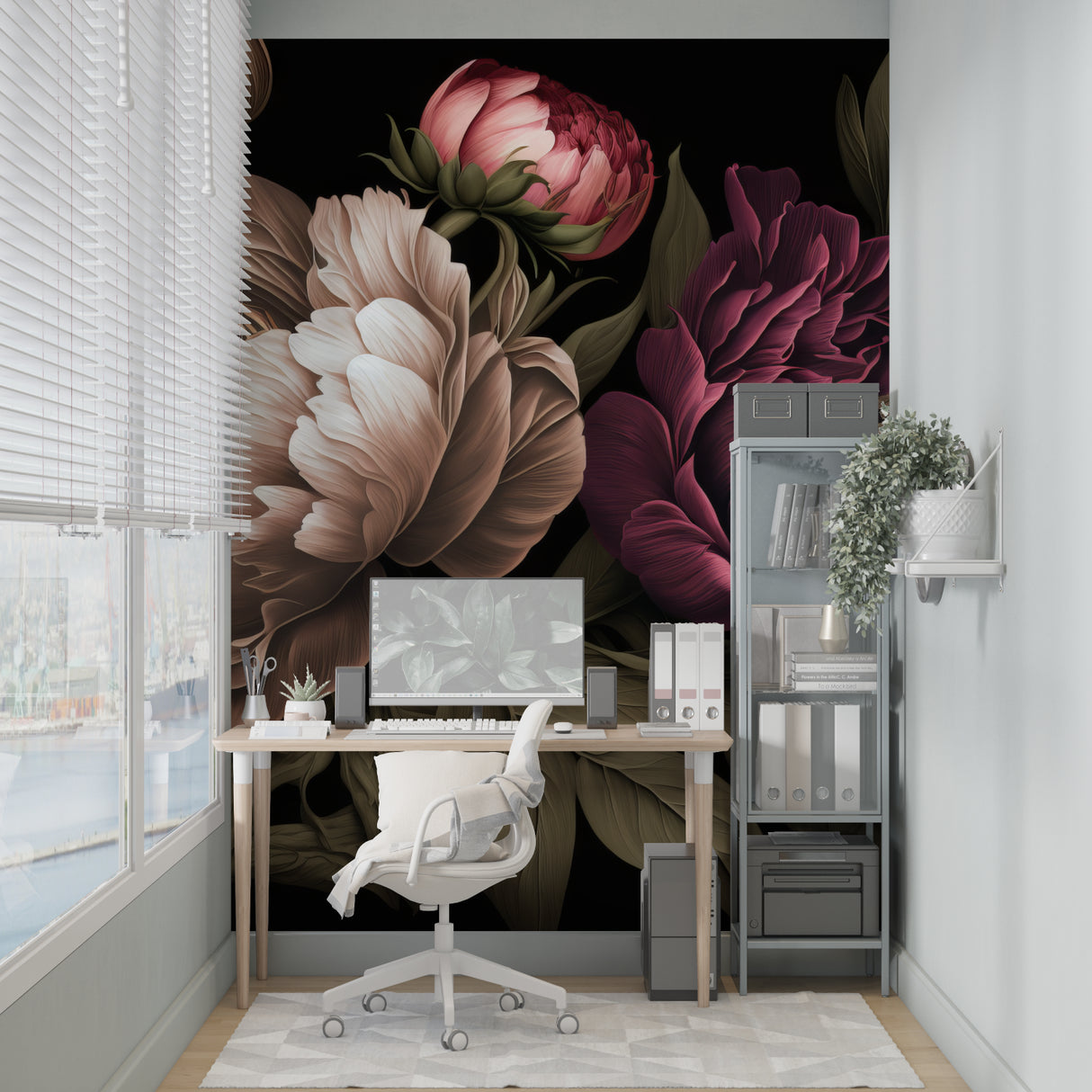 Large-scale peony wallpaper creating focal point in master bedroom