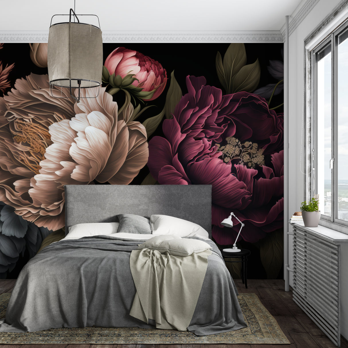 Burgundy peony mural in boutique fitting room with crystal chandelier