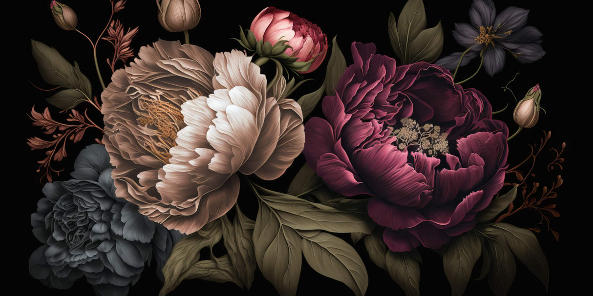 Peony wallpaper design file showing rich burgundy and beige blooms on dark background