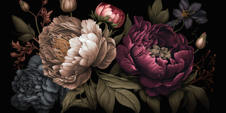 Peony wallpaper design file showing rich burgundy and beige blooms on dark background