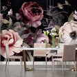 Dark floral wallpaper with roses and peonies creating drama in a modern living room setting