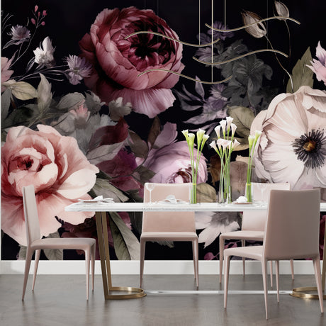 Dark floral wallpaper with roses and peonies creating drama in a modern living room setting