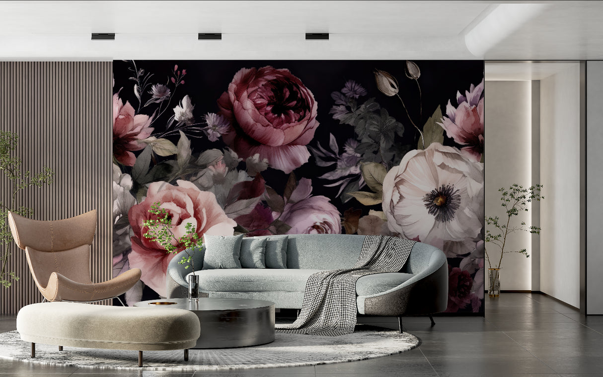 Dramatic black and pink floral mural adding sophistication to a master bedroom