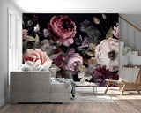 Moody floral wallpaper transforming a dining room with dark roses and golden accents