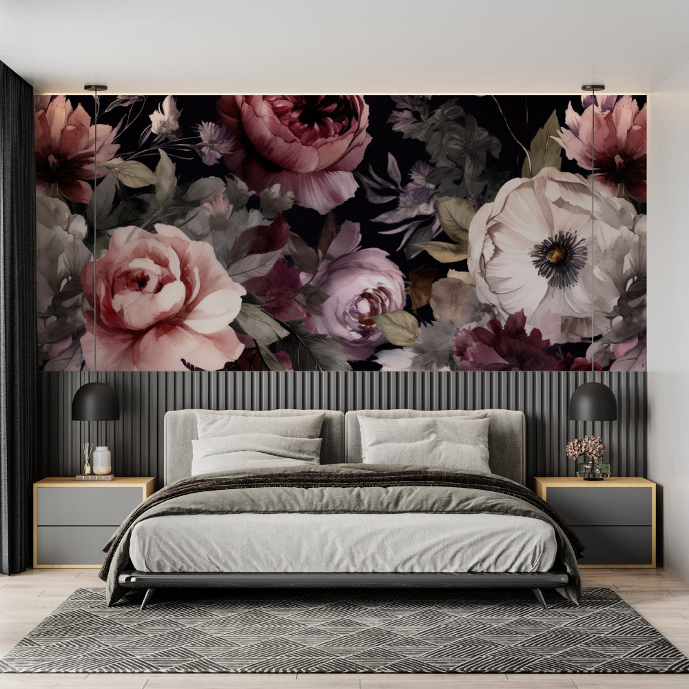 Dark floral accent wall creating depth in a home office space