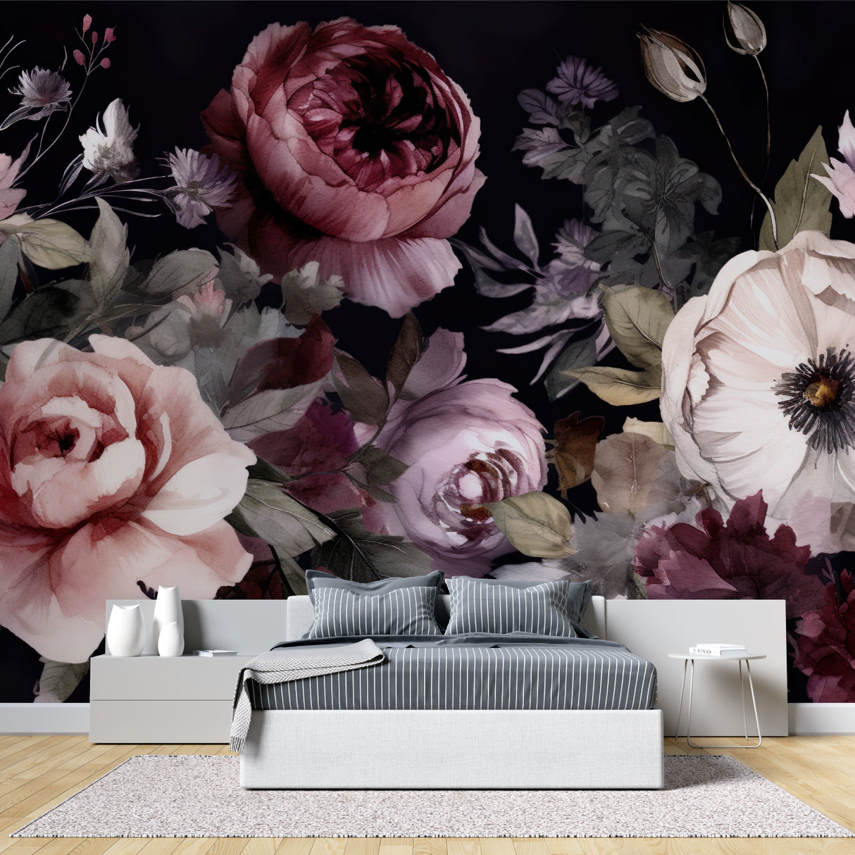 Dramatic rose wallpaper making a statement in an elegant entryway