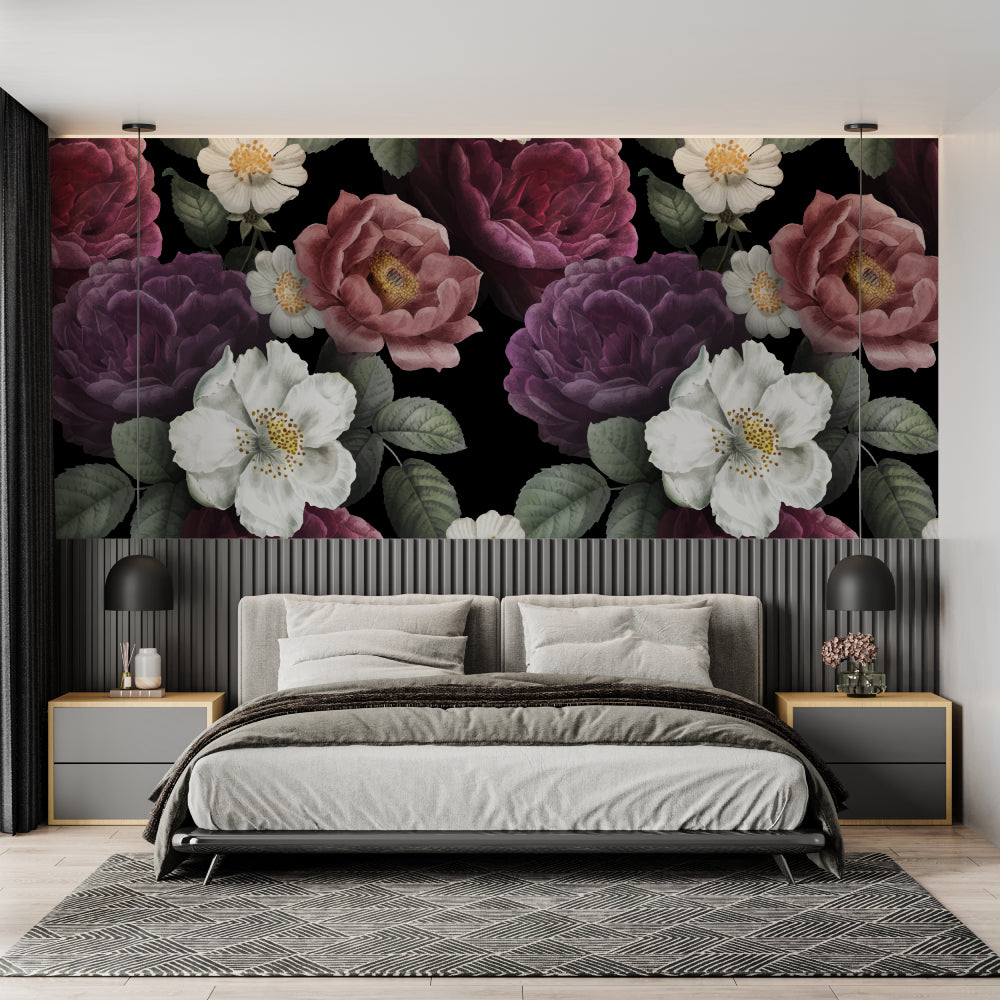 Elegant bedroom featuring dramatic black and purple flower wall mural above a plush bed