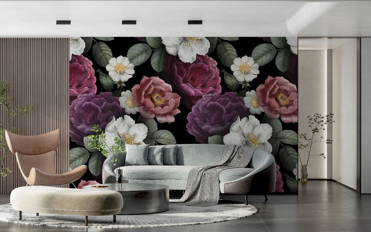 Living room showcase of dark floral wallpaper with white and purple blooms making a bold statement