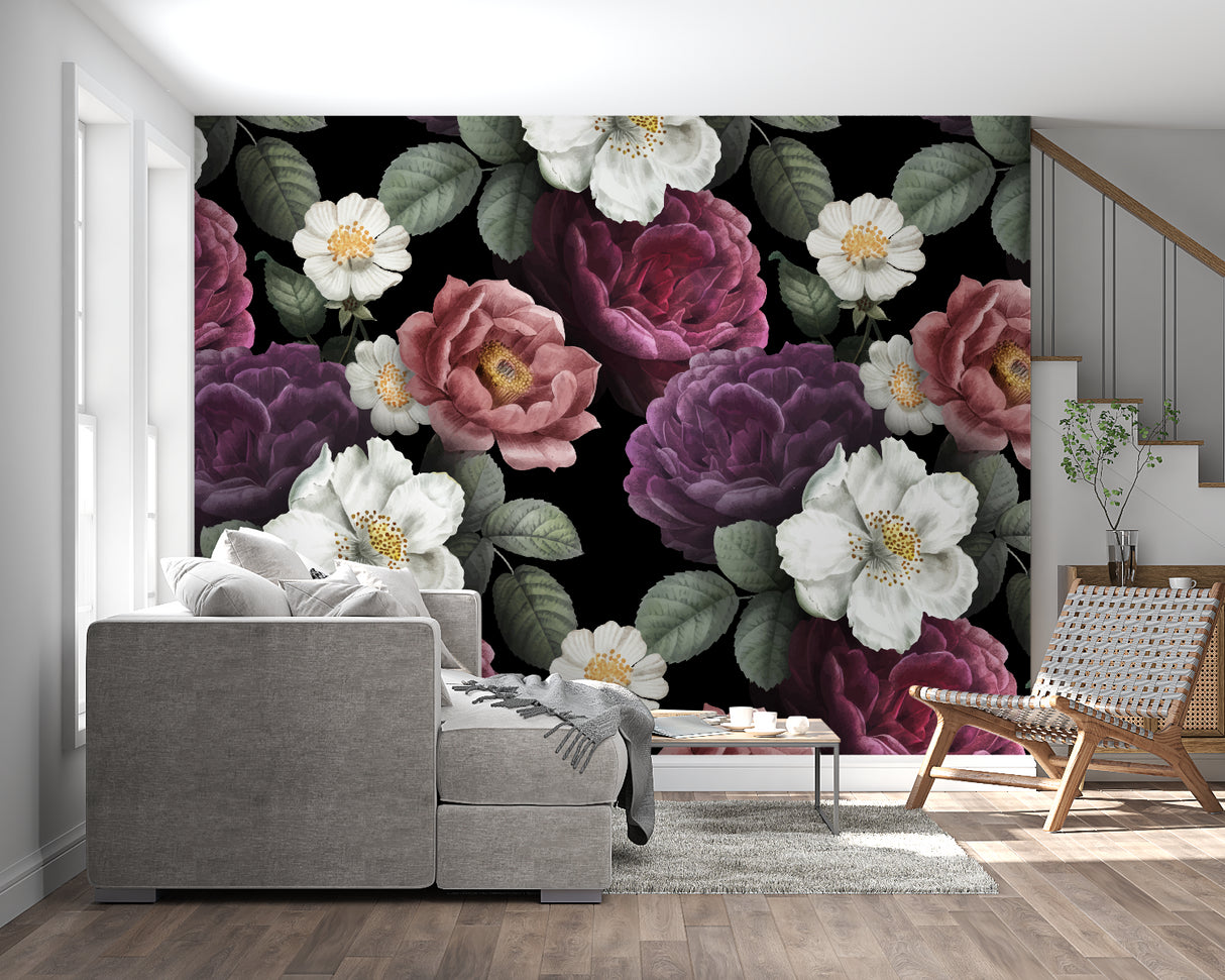 Home office with moody floral wall mural creating an inspiring workspace backdrop