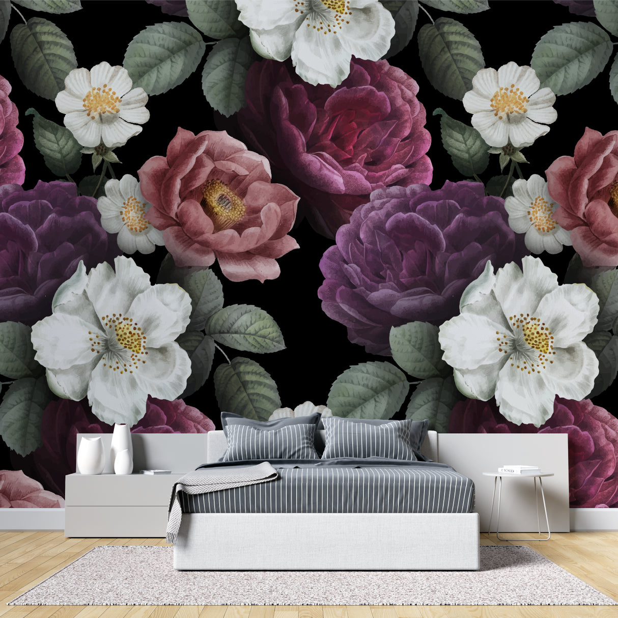 Powder room transformed with dark purple and white floral wallpaper adding luxury feel