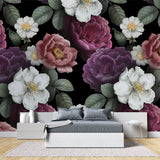 Powder room transformed with dark purple and white floral wallpaper adding luxury feel