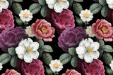 Design file showing detailed pattern of dark floral wallpaper with purple and white blooms